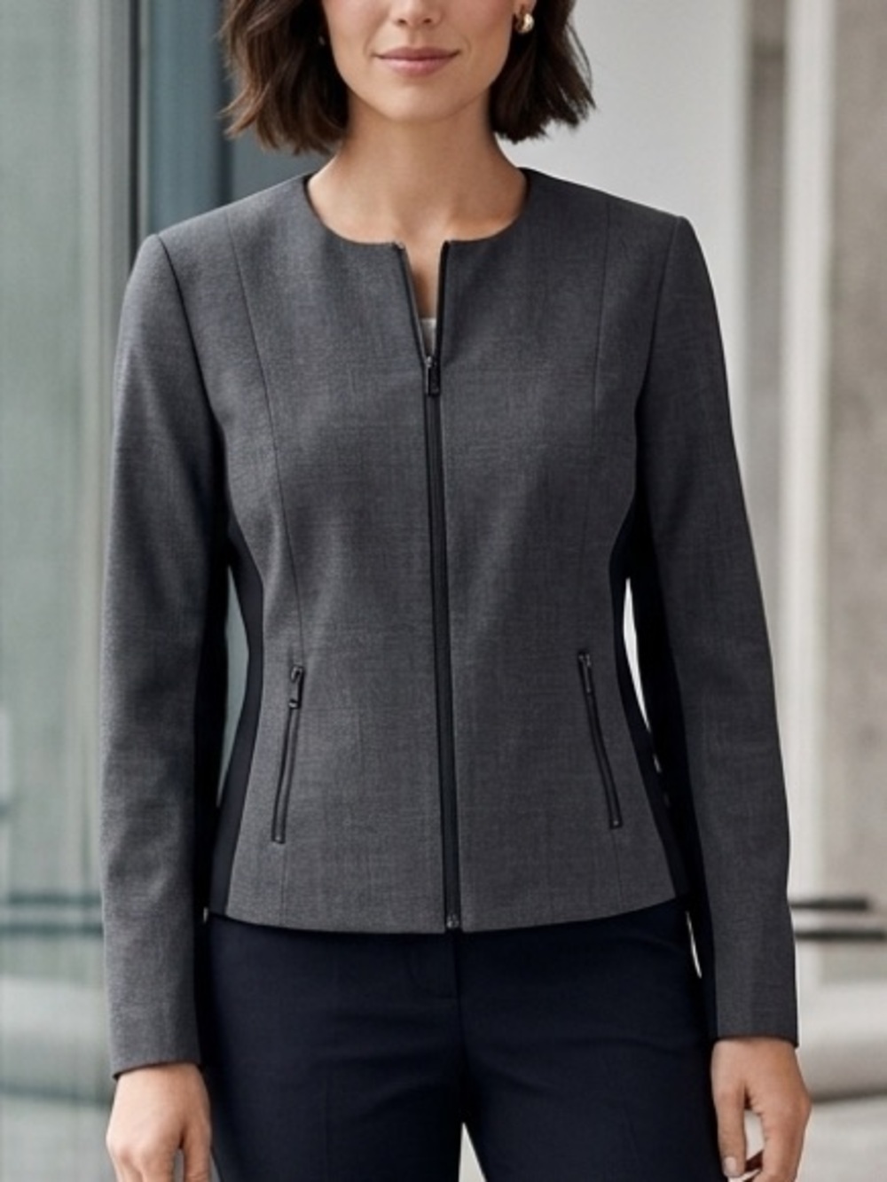 Calvin Klein Gray Zip Front Blazer Jacket Collarless Colorblock Workwear
